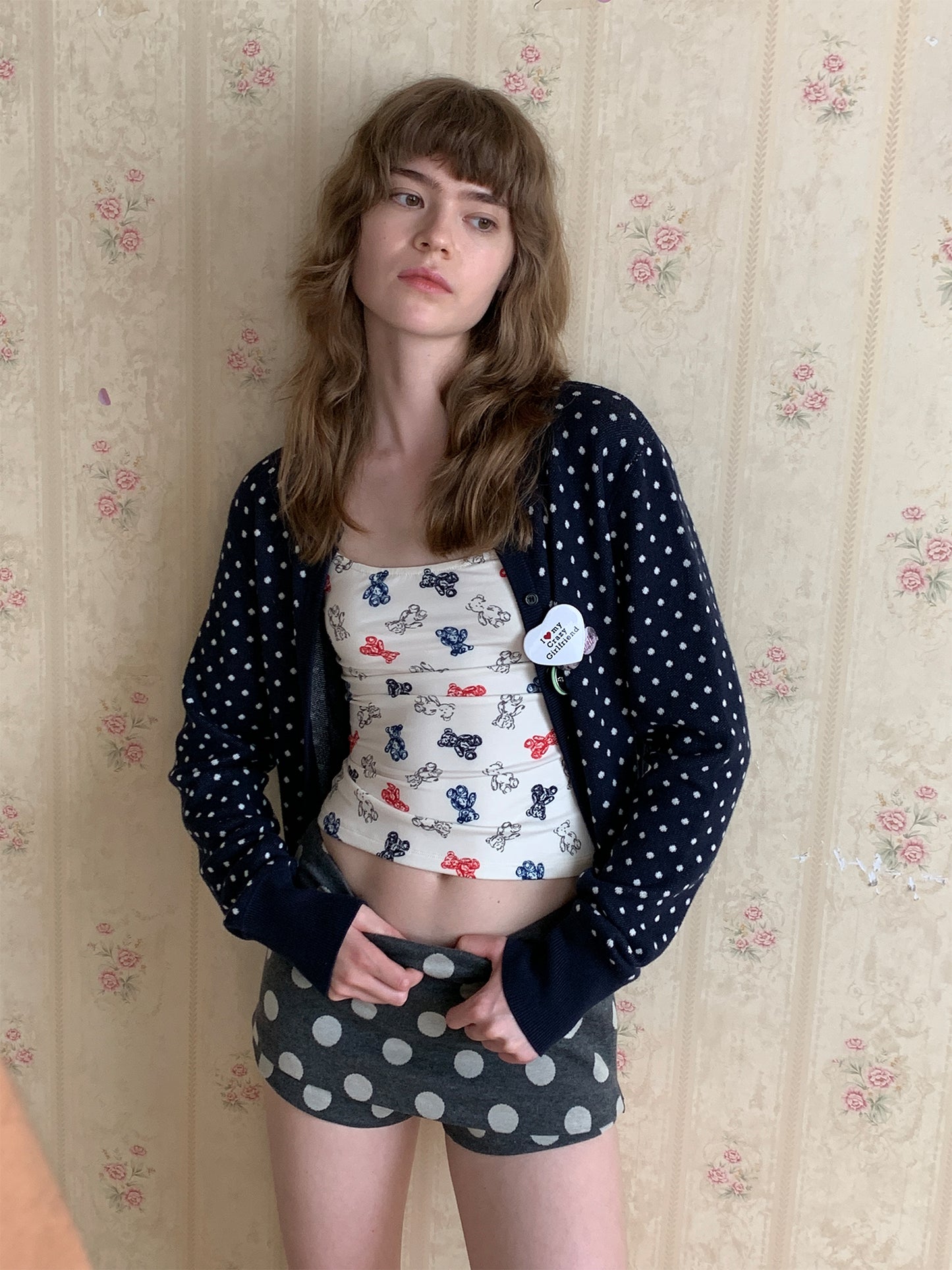 Retro round-neck polka dot knitted coat