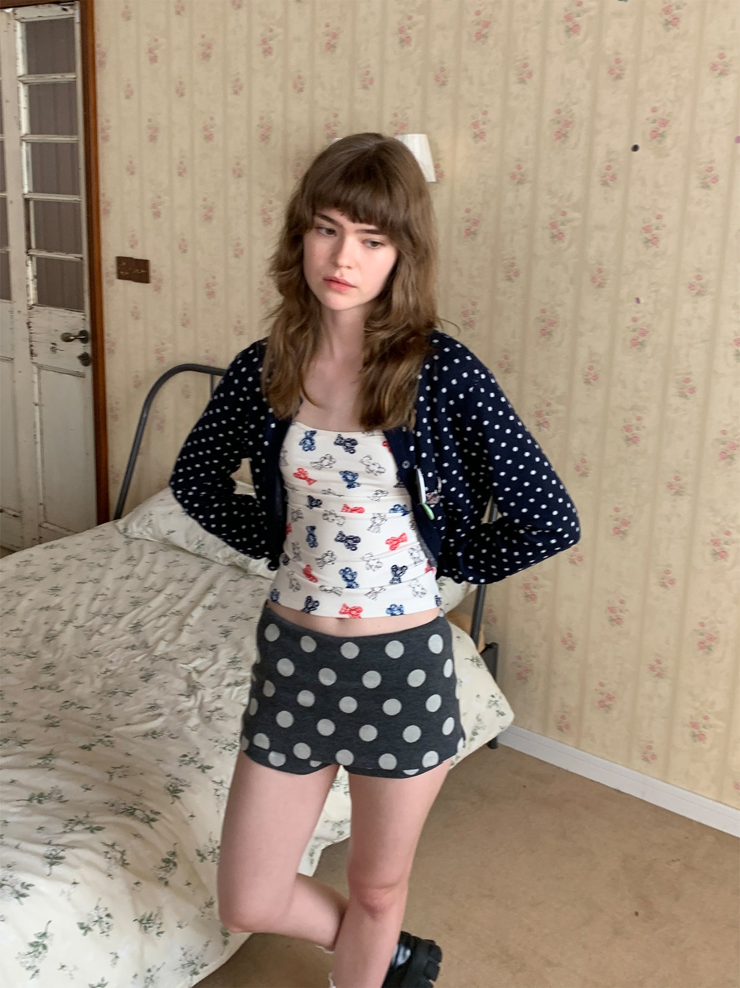 Retro round-neck polka dot knitted coat