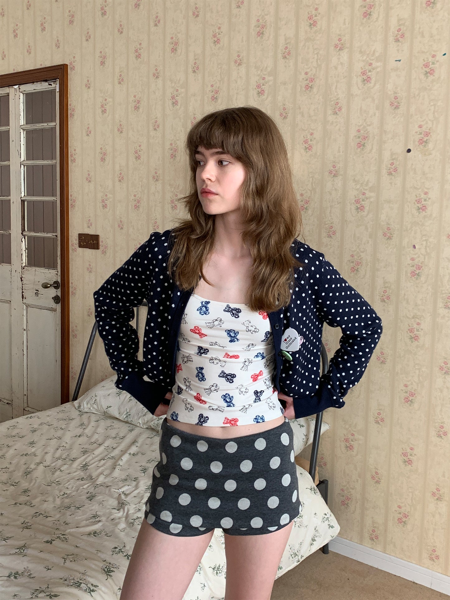 Retro round-neck polka dot knitted coat