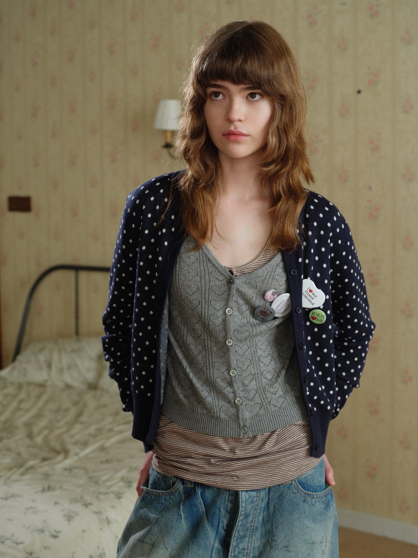 Retro round-neck polka dot knitted coat