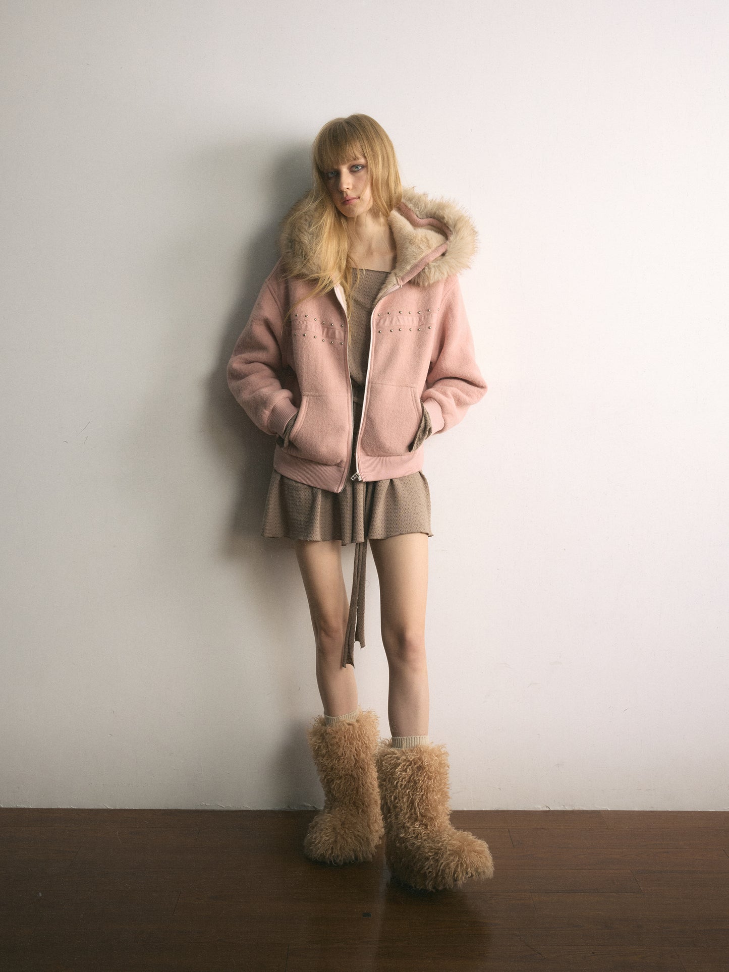 [A001103]Balletcore Shearling Jacket in Soft Matte Pink