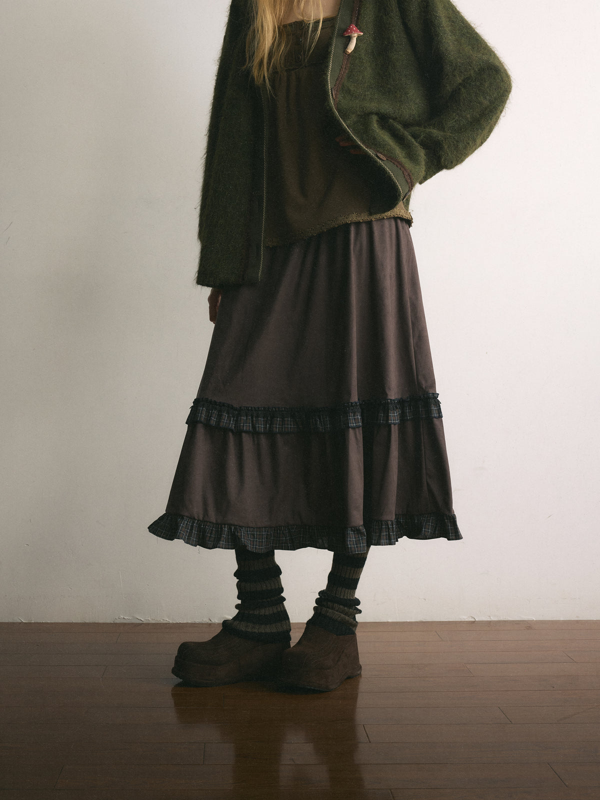 [A001107]Wild Grape Vintage Suede Skirt with Color-Block Plaid ...