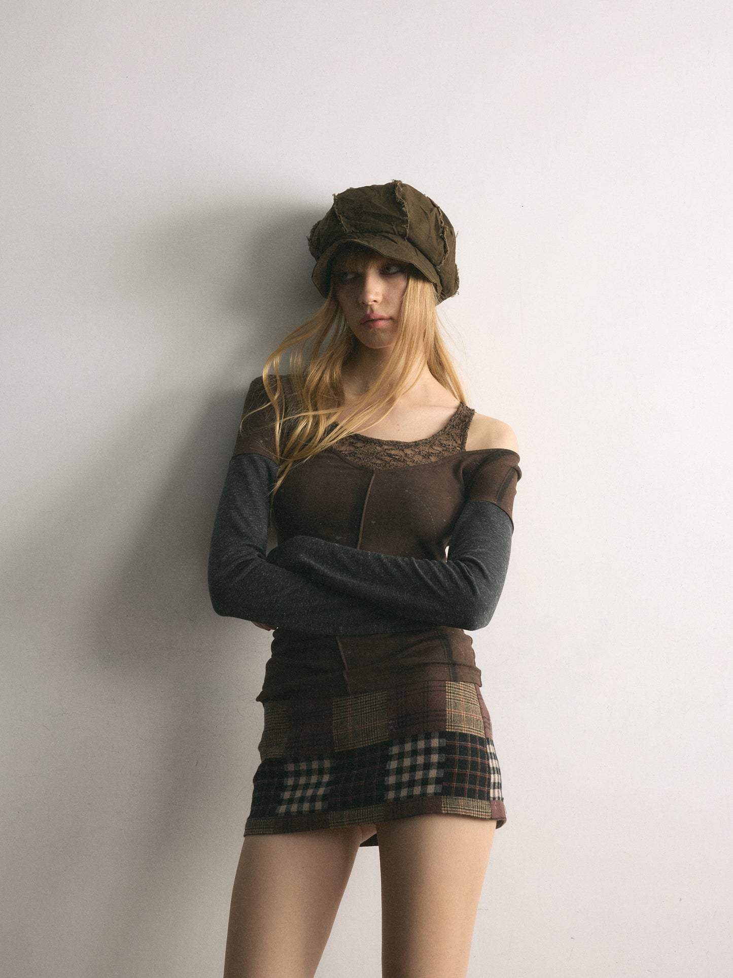 [A001120]Eclectic Mix Plaid Patchwork Mini Skirt