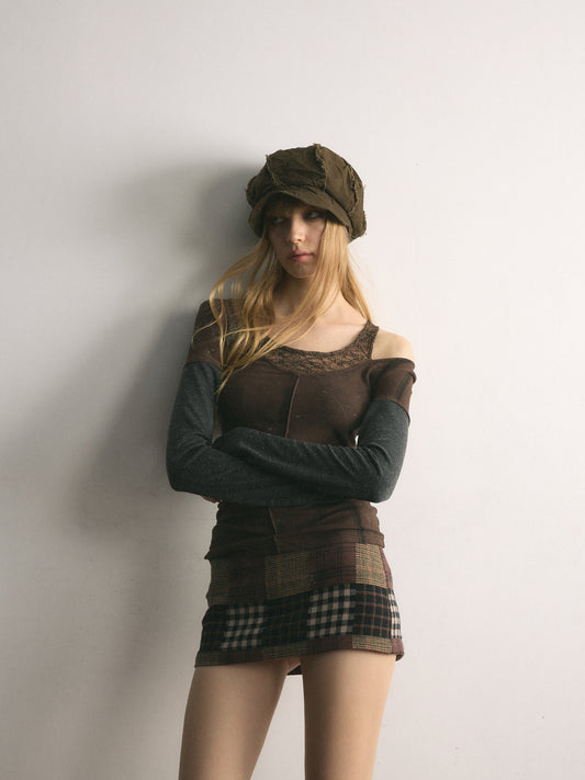 [A001120]Eclectic Mix Plaid Patchwork Mini Skirt