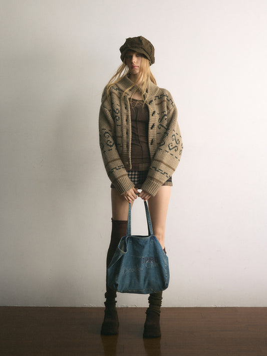 [A001121]Sweater Weather Vintage Cat Fair Isle Knit Cardigan