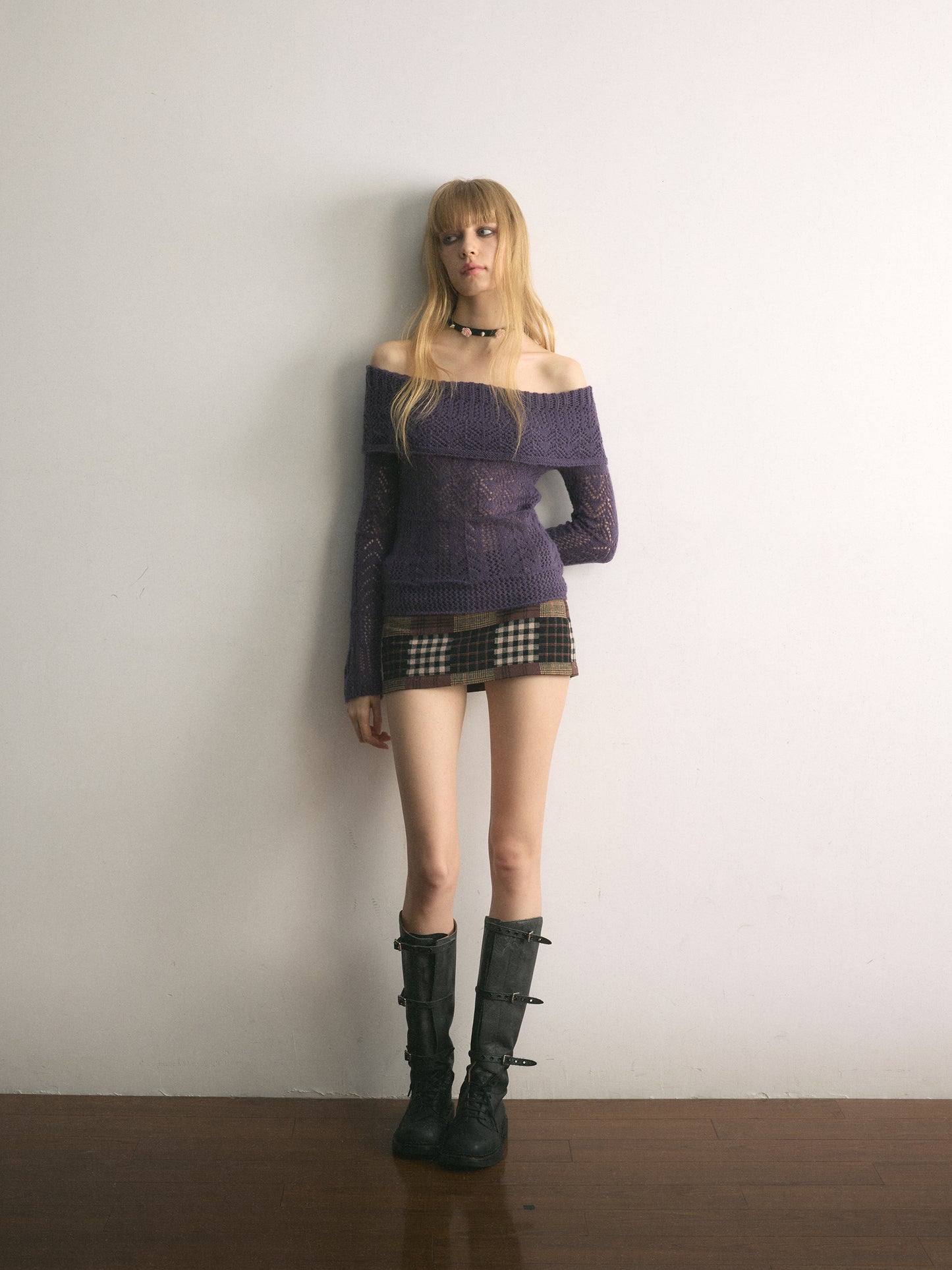 [A001122]Luscious Purple Off-Shoulder Crochet Knit Sweater