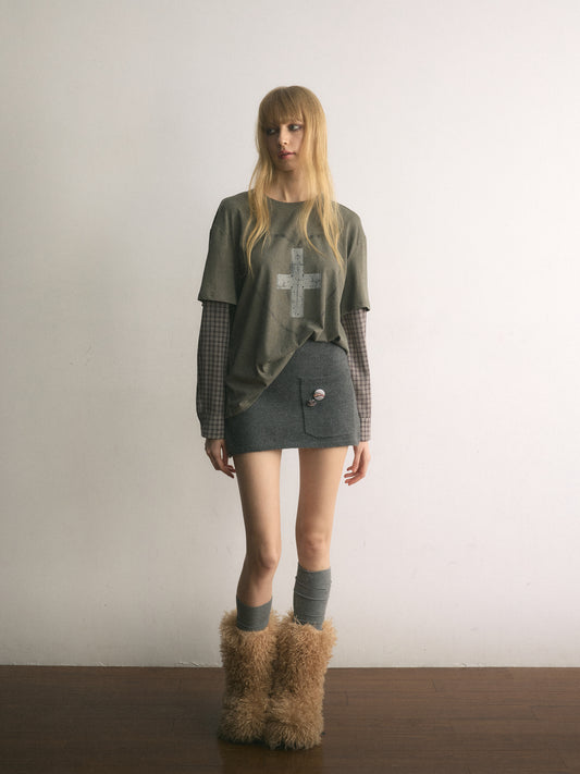 [A001124]Autumn Vine Distressed Cross Print Layered Tee