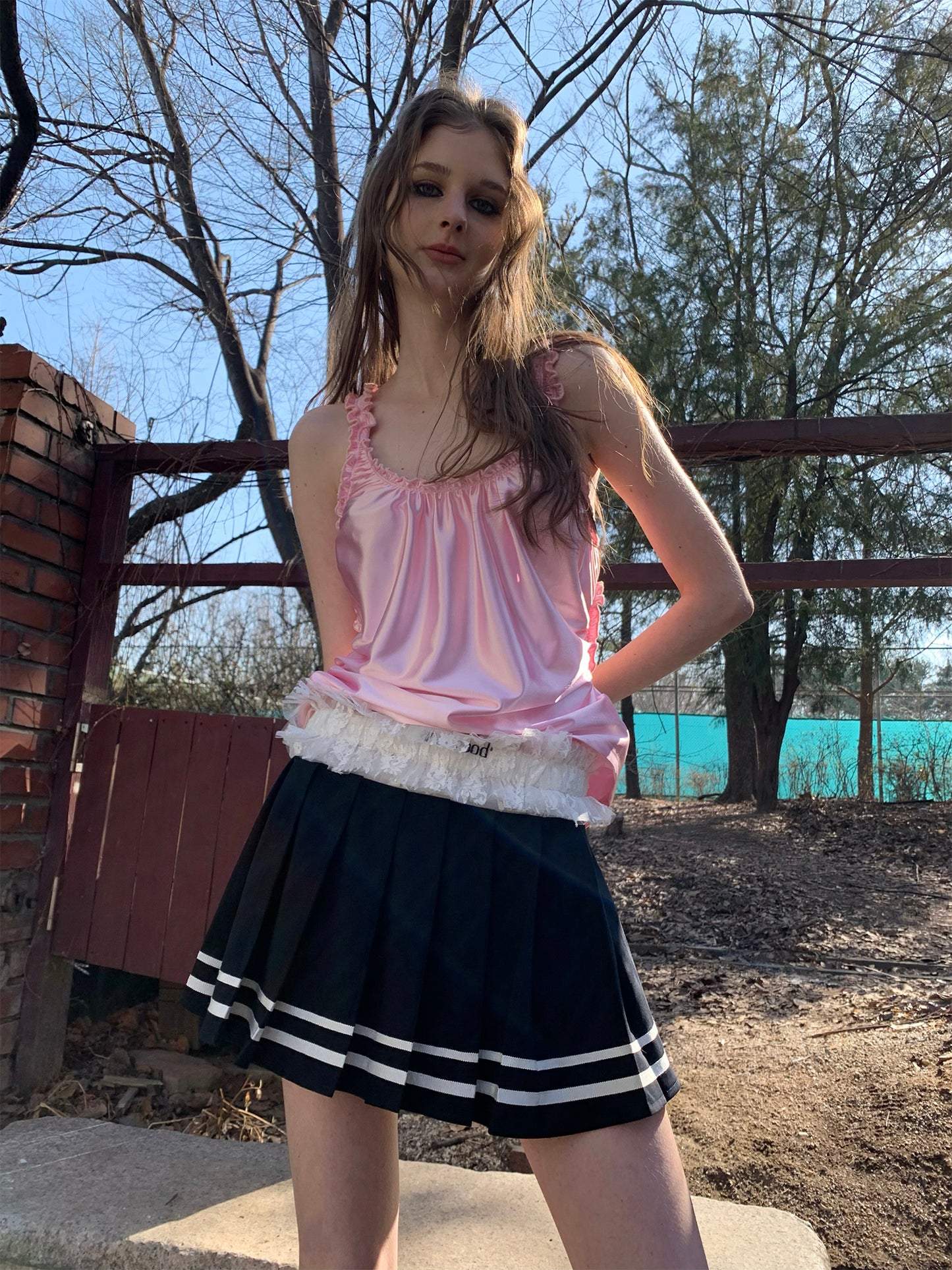 [F0092]Navy style pleated skirt