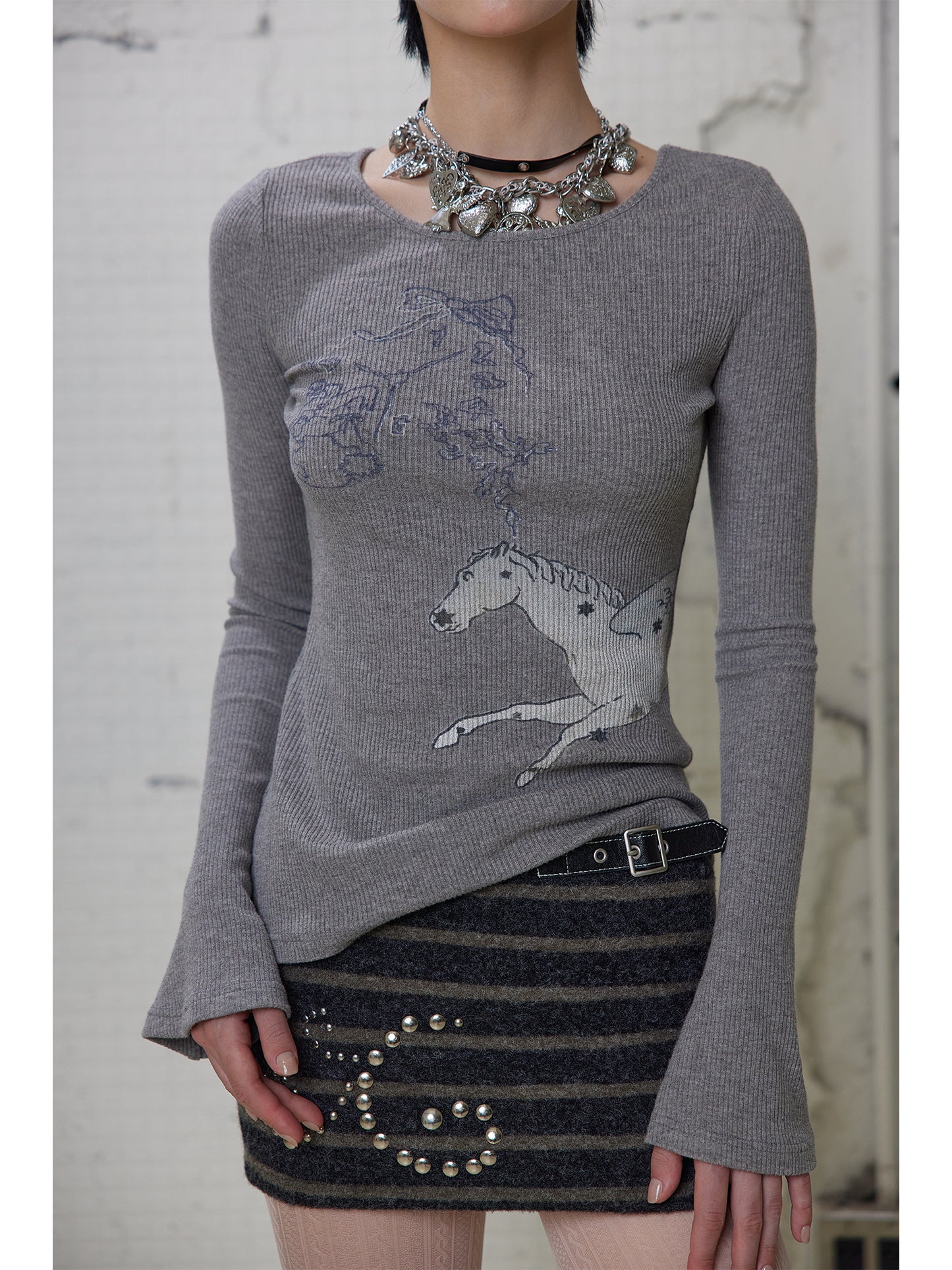 [G0065]Pony Printed Round-neck Long-sleeved T-shirt