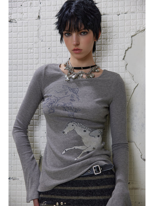[G0065]Pony Printed Round-neck Long-sleeved T-shirt