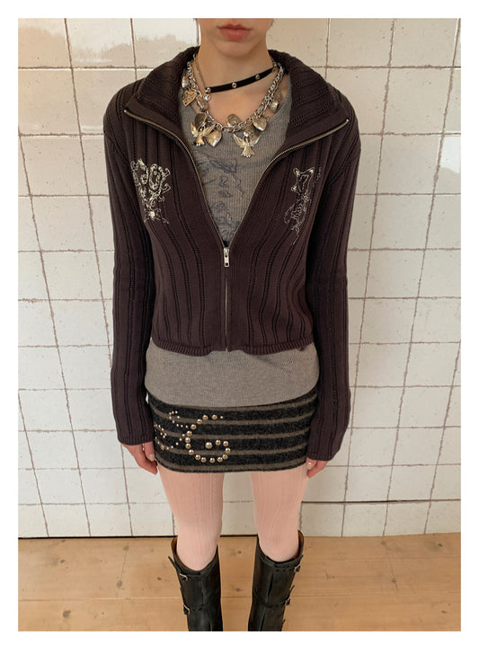 [G0064]Rhinestone-decorated Striped Short Skirt