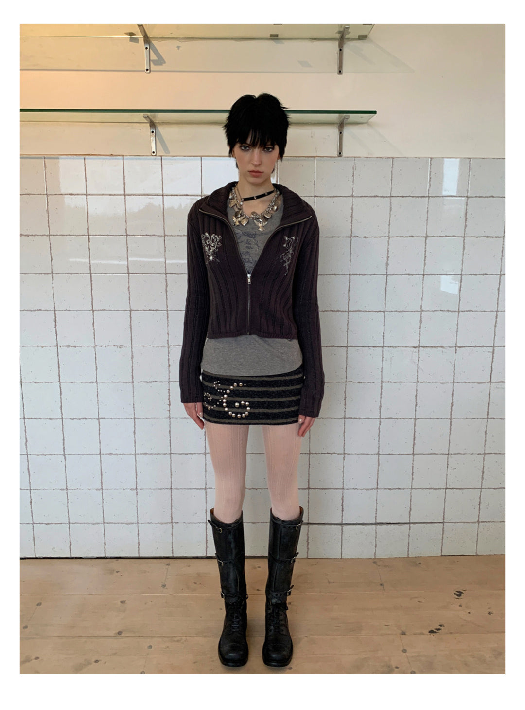 [G0064]Rhinestone-decorated Striped Short Skirt