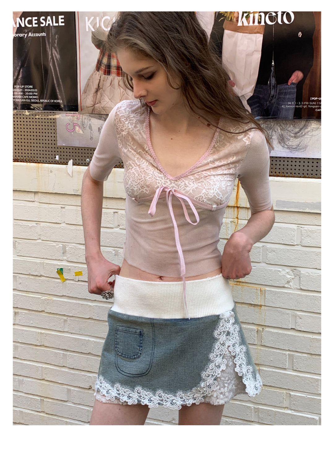 [F00103]Denim Lace Half Dress