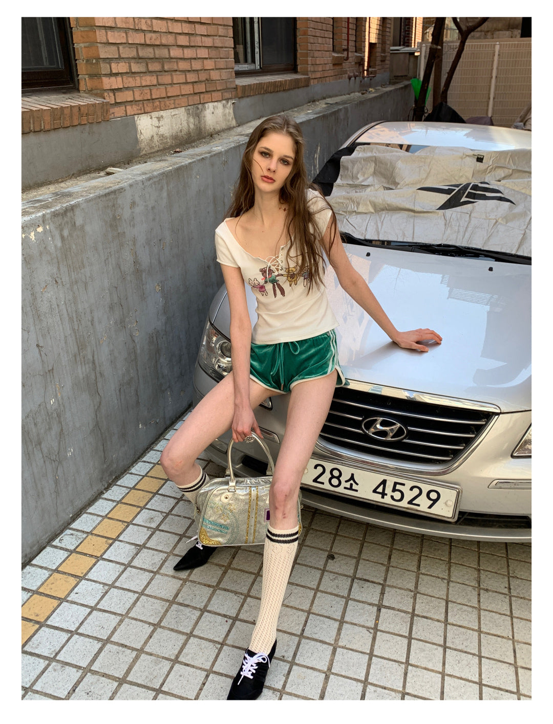 [F00107]Green Vintage Velvet Shorts