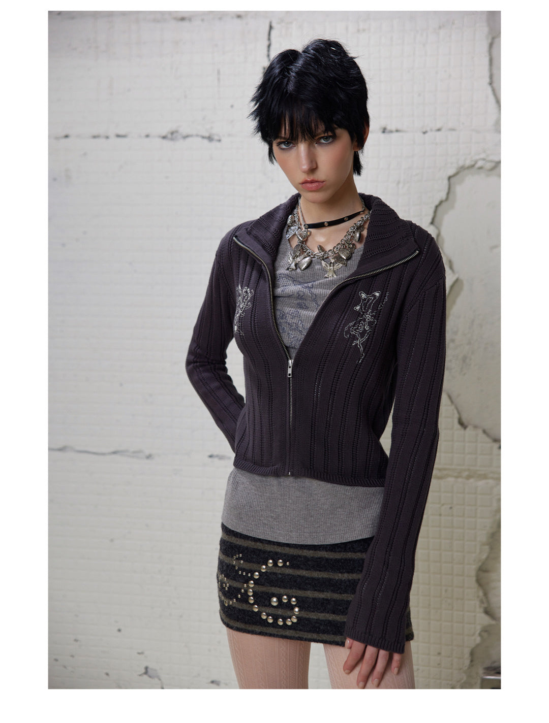 [G0064]Rhinestone-decorated Striped Short Skirt
