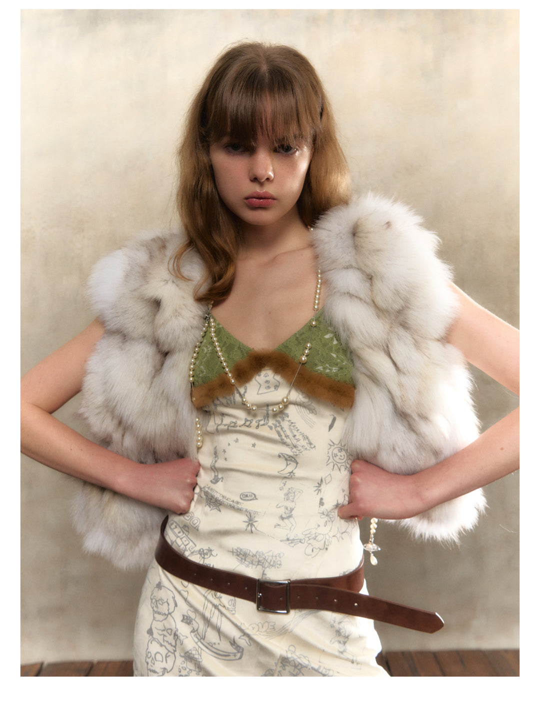 [S0085]Punk graffiti printed suede spliced with lace dress