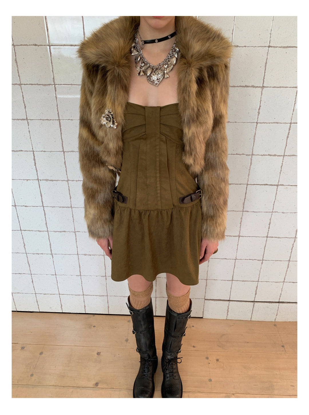 [G0072]Short-collar Eco-friendly Faux Fur Coat