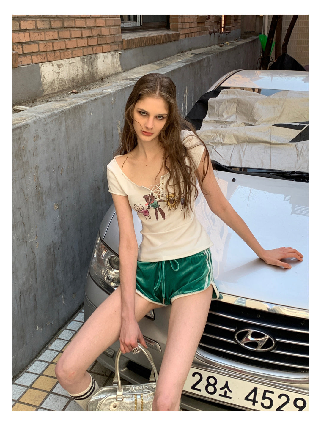 [F00107]Green Vintage Velvet Shorts