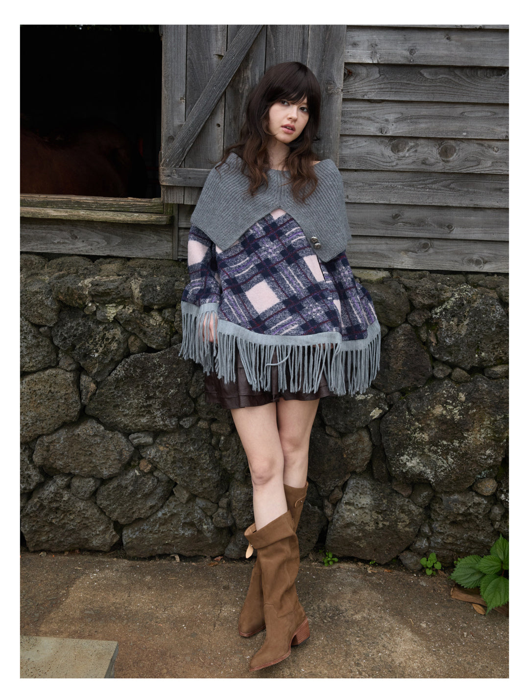 Sale[S0021]Alice Gray-purple Plaid Sweater Knitted Cape