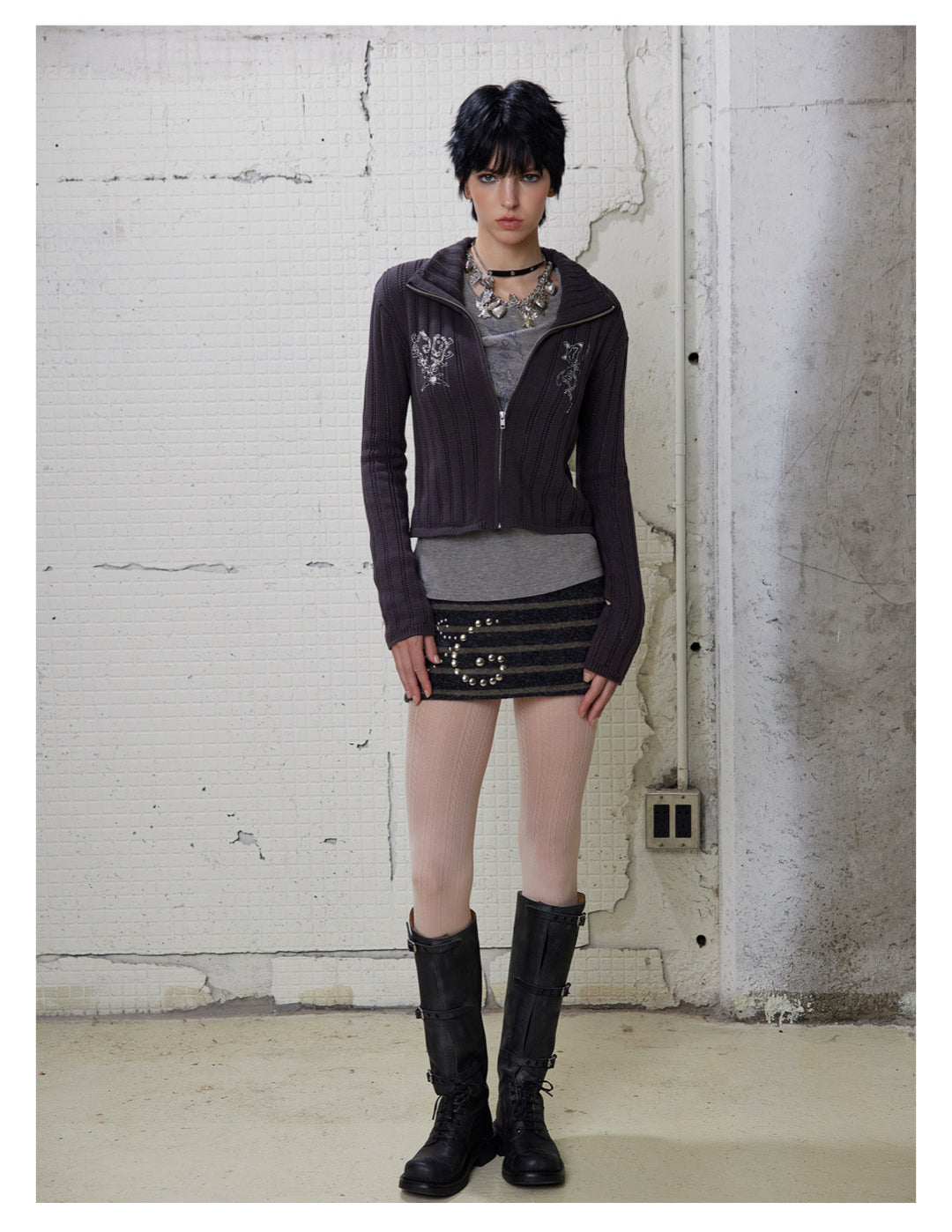 [G0064]Rhinestone-decorated Striped Short Skirt