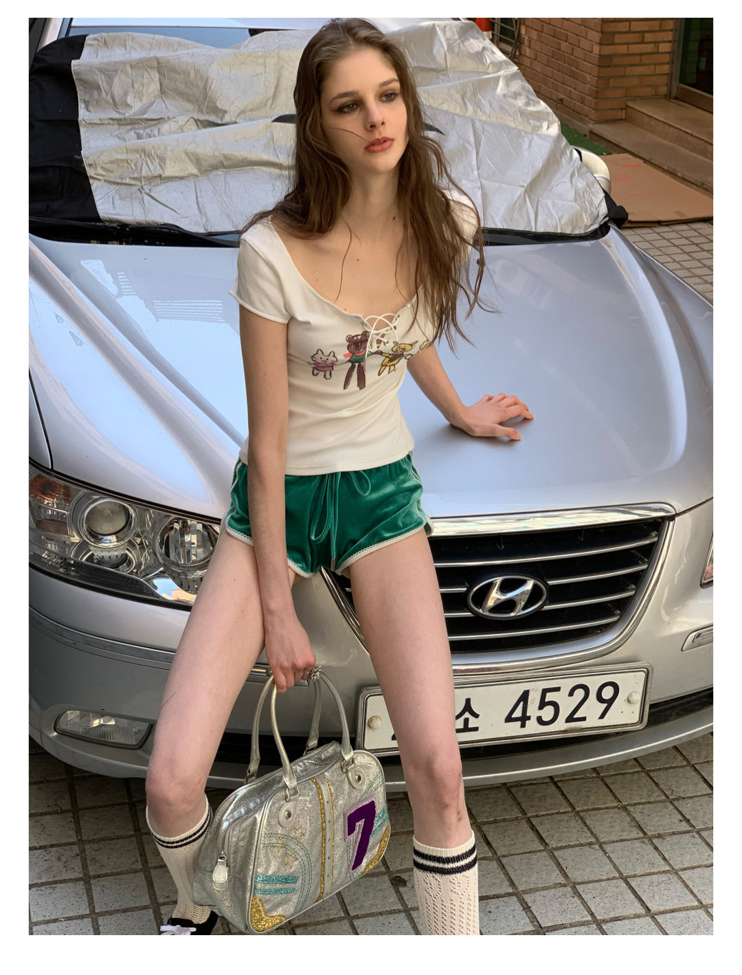 [F00107]Green Vintage Velvet Shorts