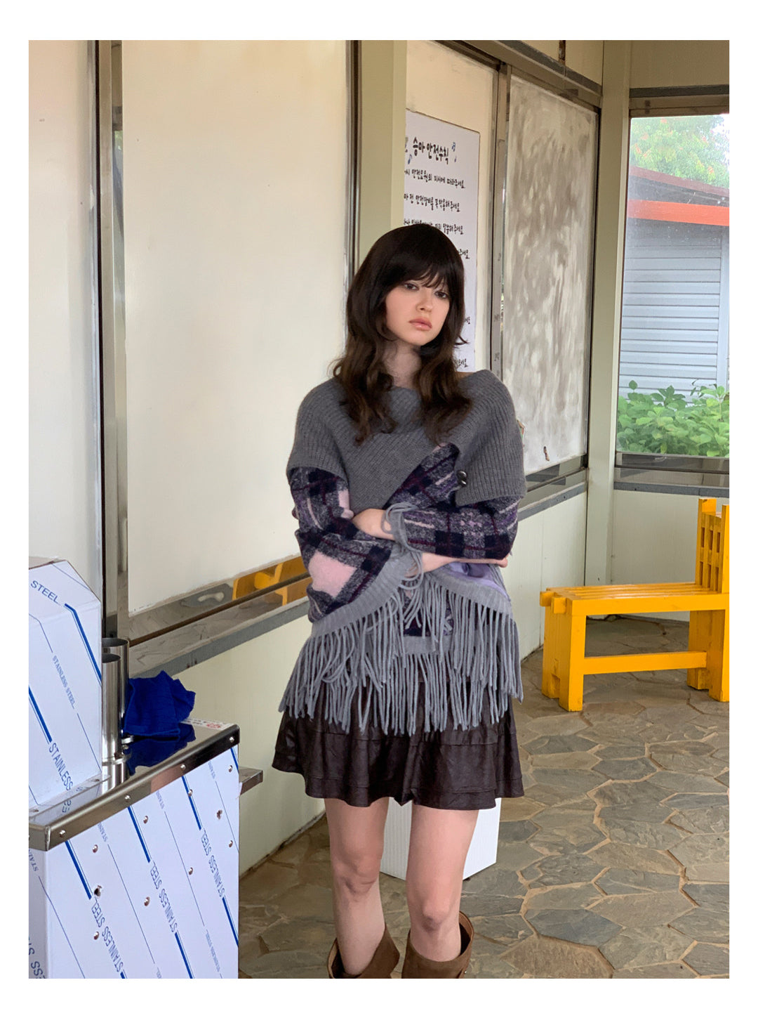Sale[S0021]Alice Gray-purple Plaid Sweater Knitted Cape