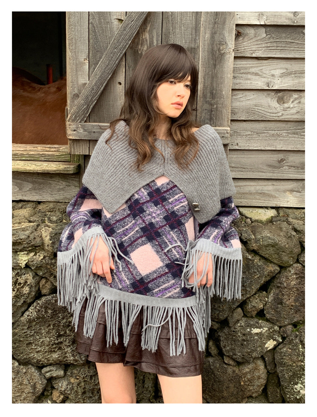 Sale[S0021]Alice Gray-purple Plaid Sweater Knitted Cape