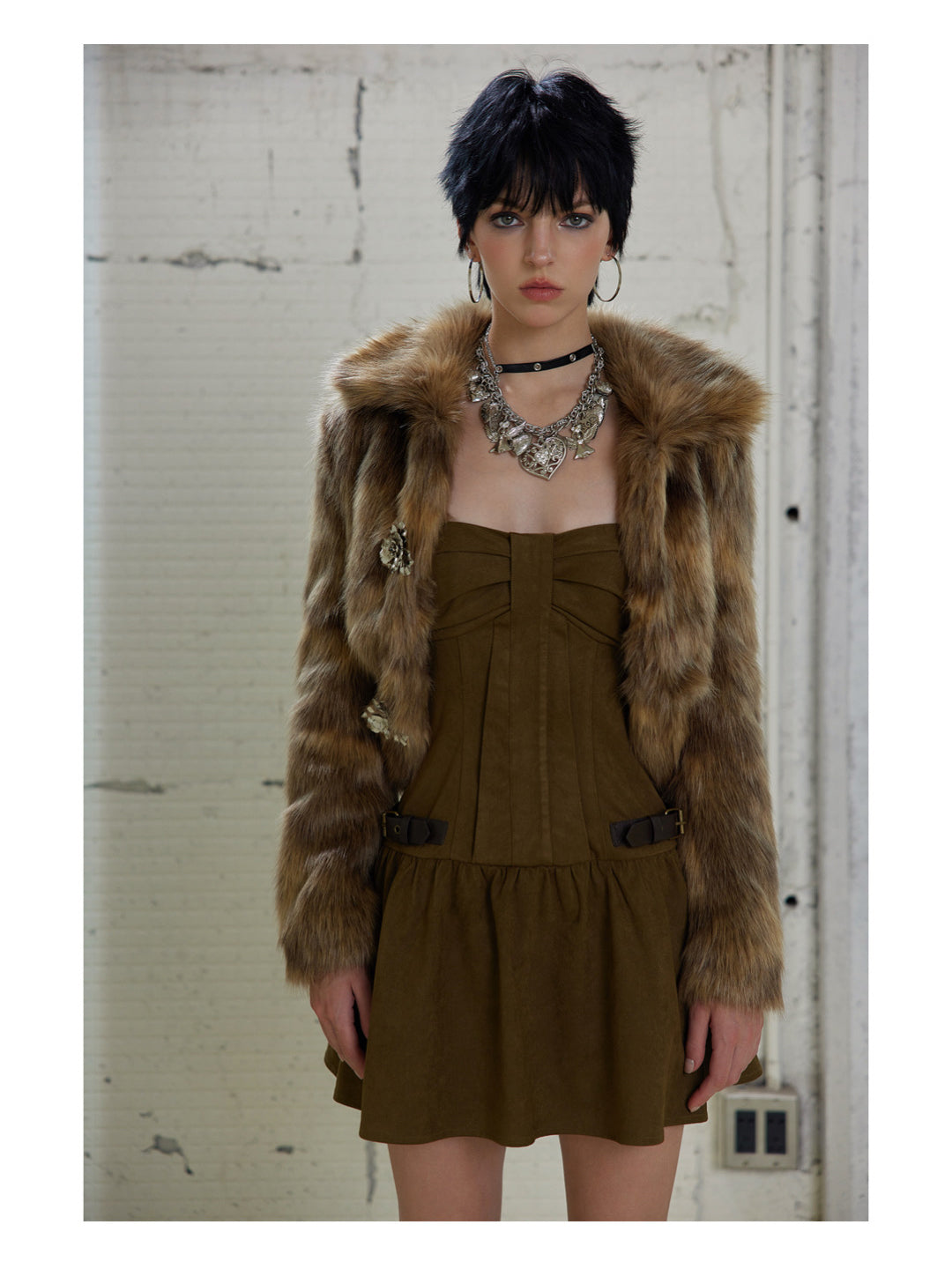 [G0072]Short-collar Eco-friendly Faux Fur Coat
