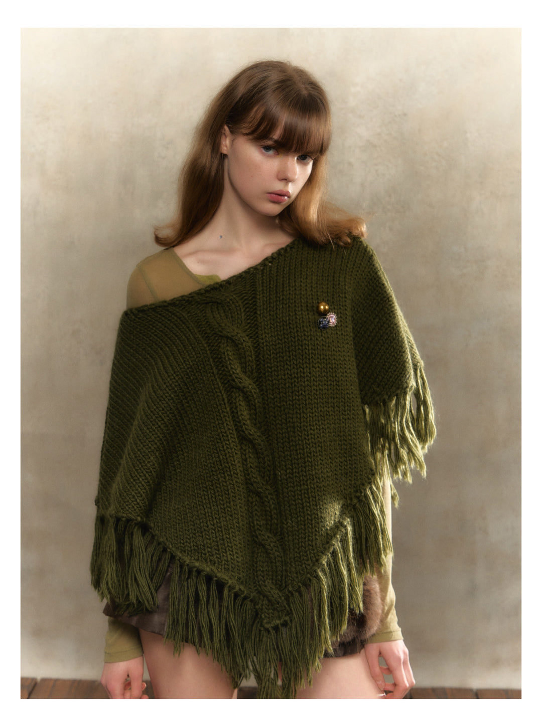 [S0051]Retro Christmas green wool knitted cape