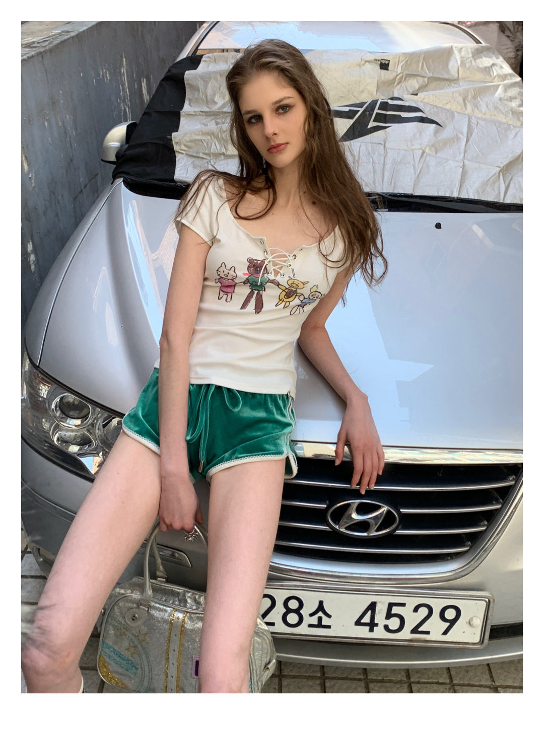 [F00107]Green Vintage Velvet Shorts