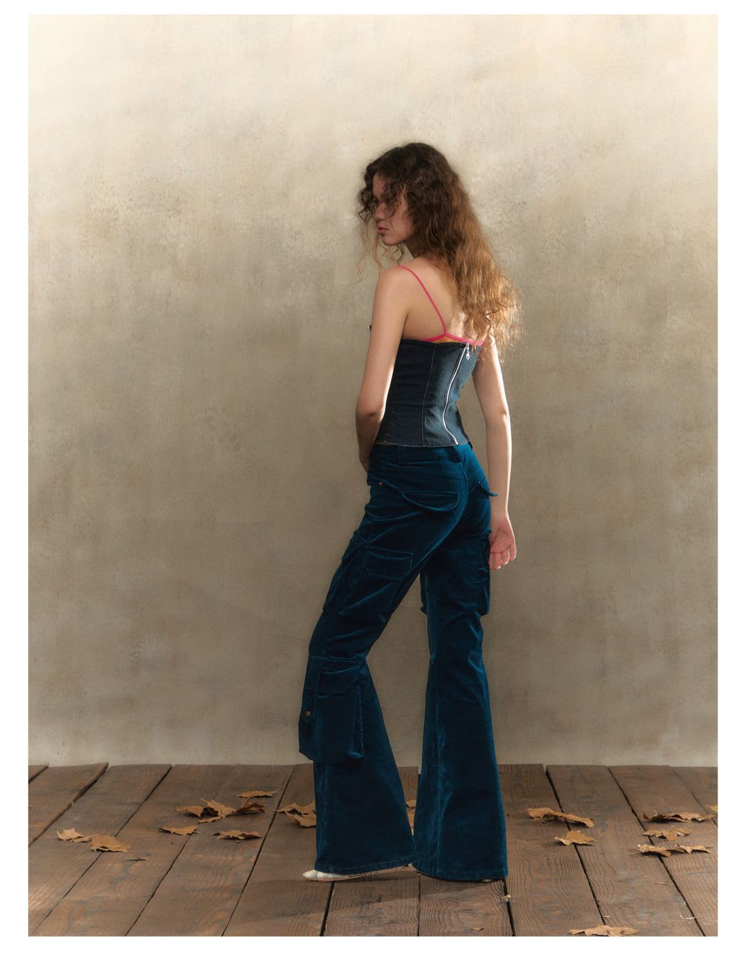 [S0056]Retro tipsy dark blue pocketed slim-fit flared pants