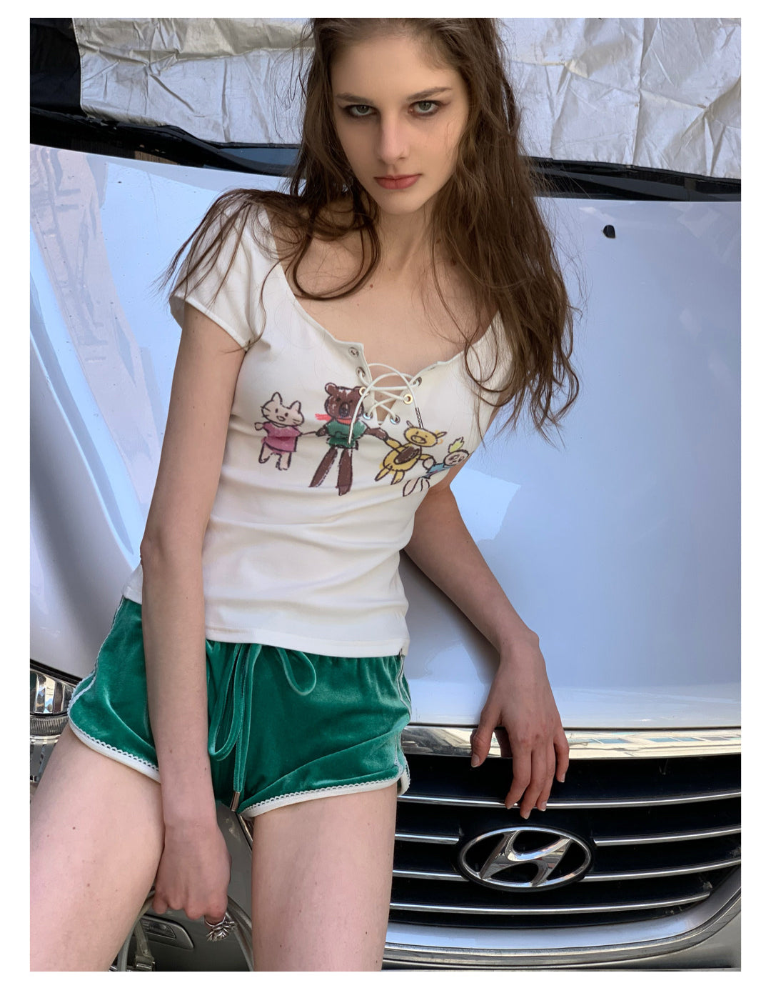 [F00107]Green Vintage Velvet Shorts