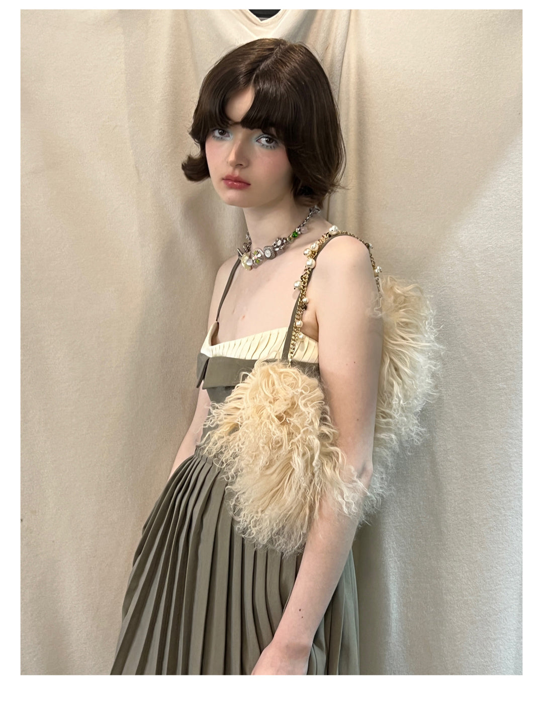 [D0080]Coffee Color Chic Simple Pleated Slip Dress