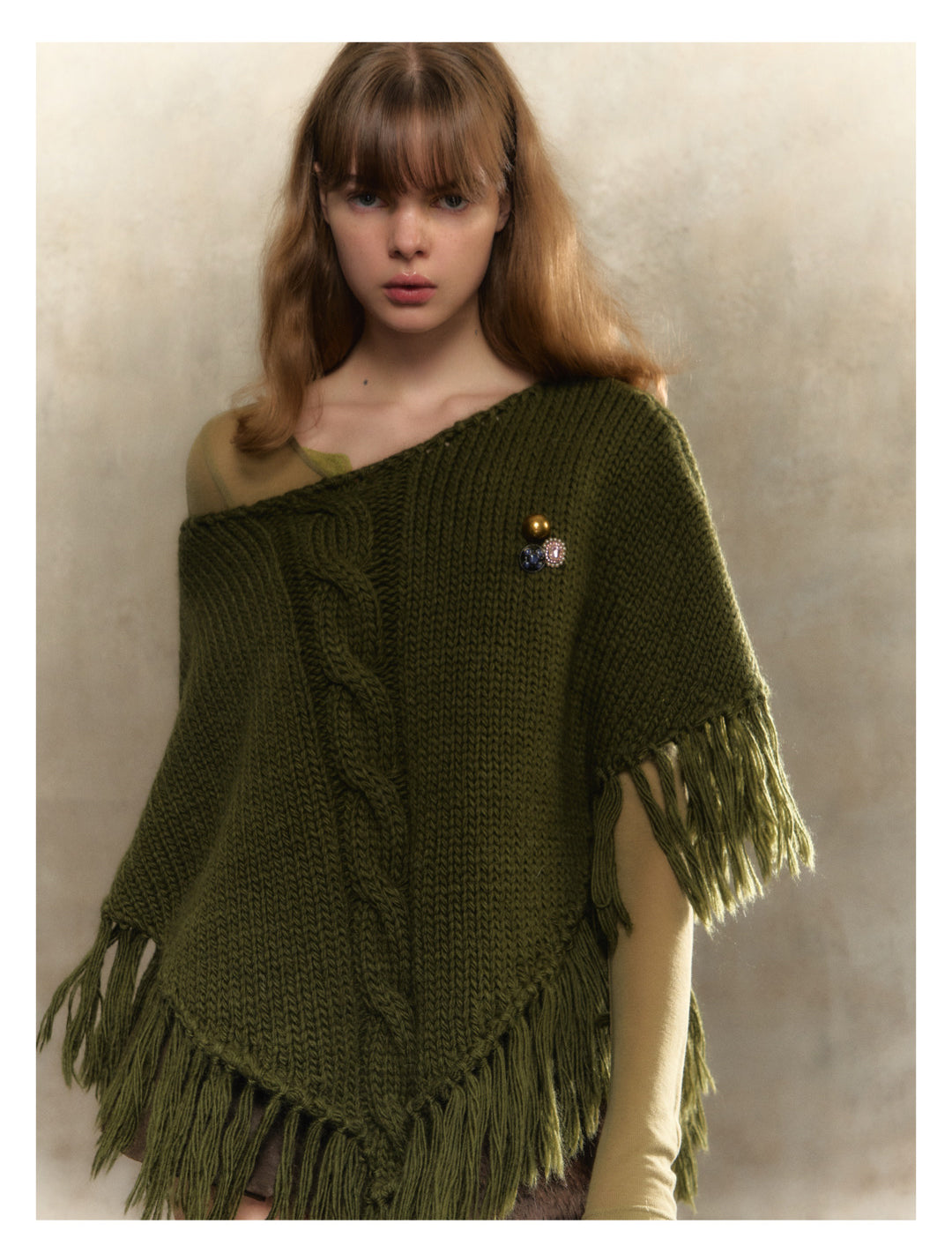 [S0051]Retro Christmas green wool knitted cape