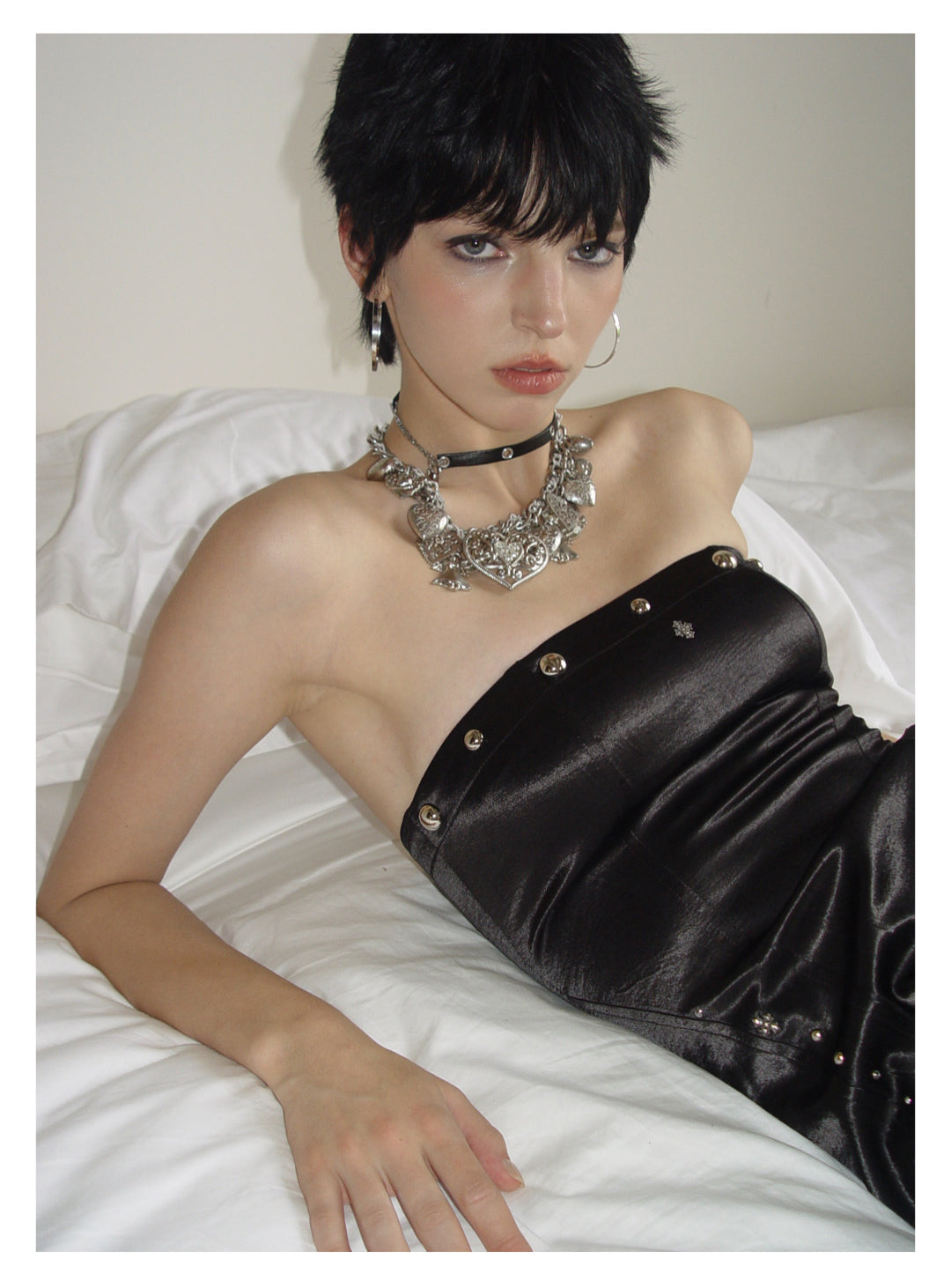 [G0073]Black Rivet Jacquard Waist-cinching Dress