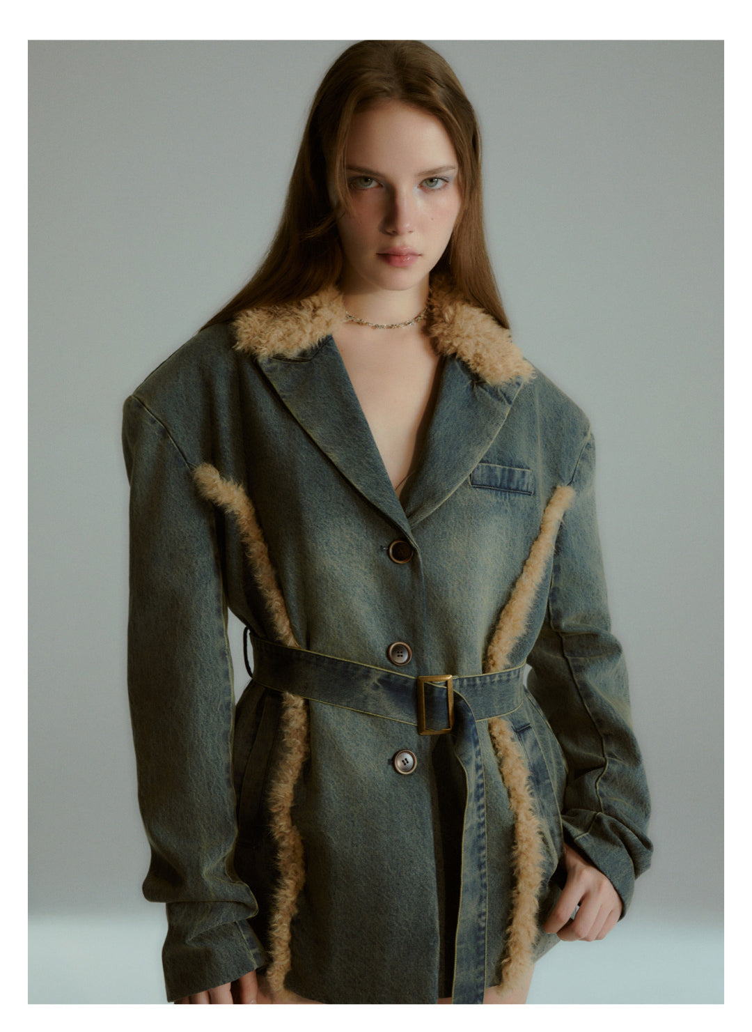 Sale[F0042]Denim fleece lace-up quilted jacket