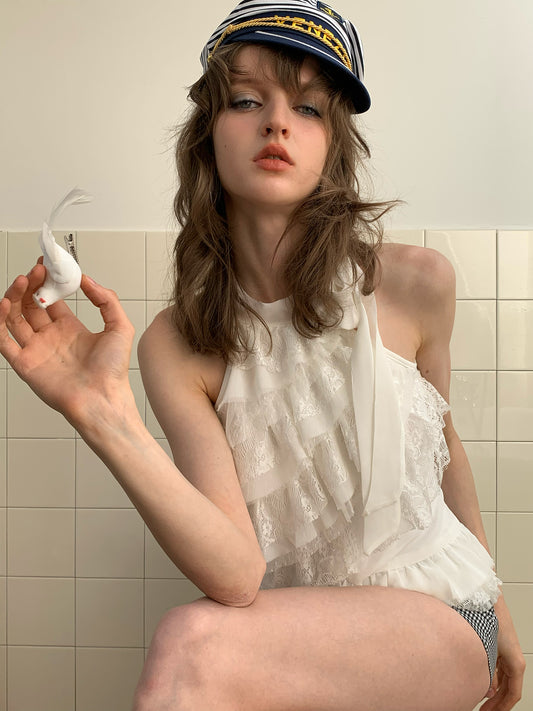 [A00840]Romantic Layered White Lace Camisole Top