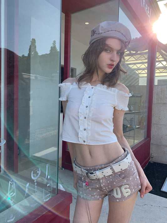 [A00848]Pure White Off-Shoulder Blouse