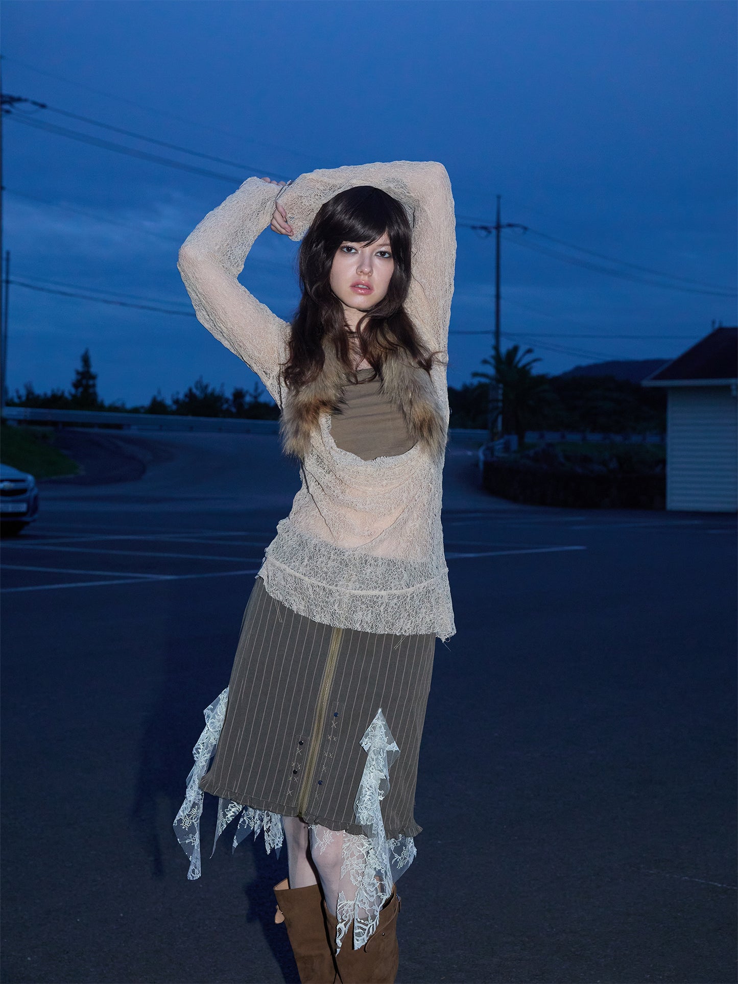 [S0022]Green Striped Vintage Lace Skirt