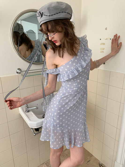[A00842]Lavender Asymmetrical Polka Dot Dress
