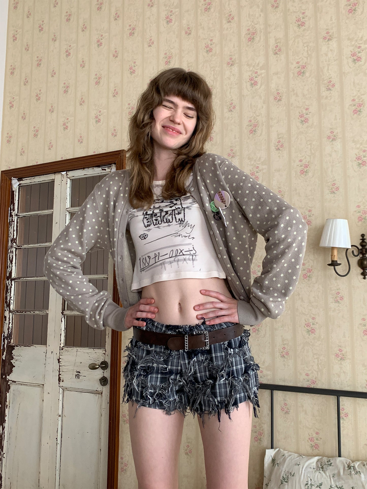 [A001016]Distressed Vintage Blue Checkered Shorts