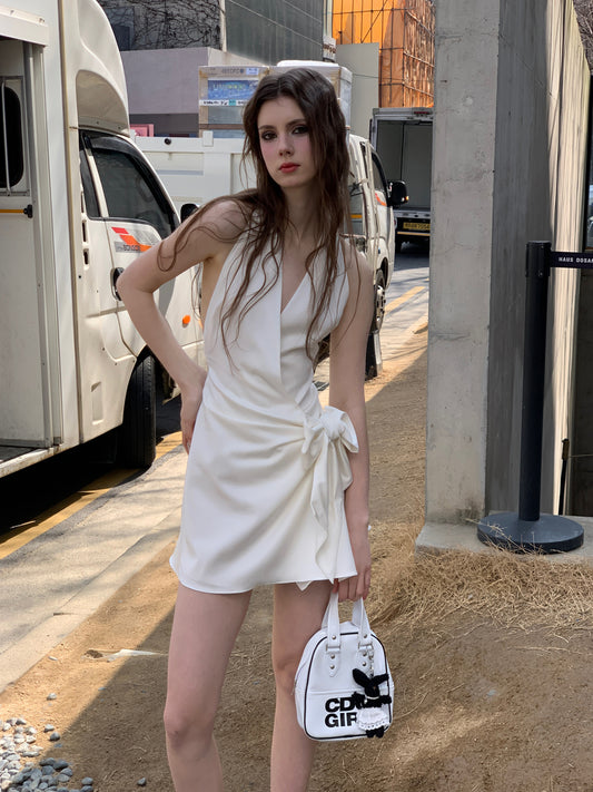 [A00804]Soft Glossy Satin Tie-Waist French White Dress