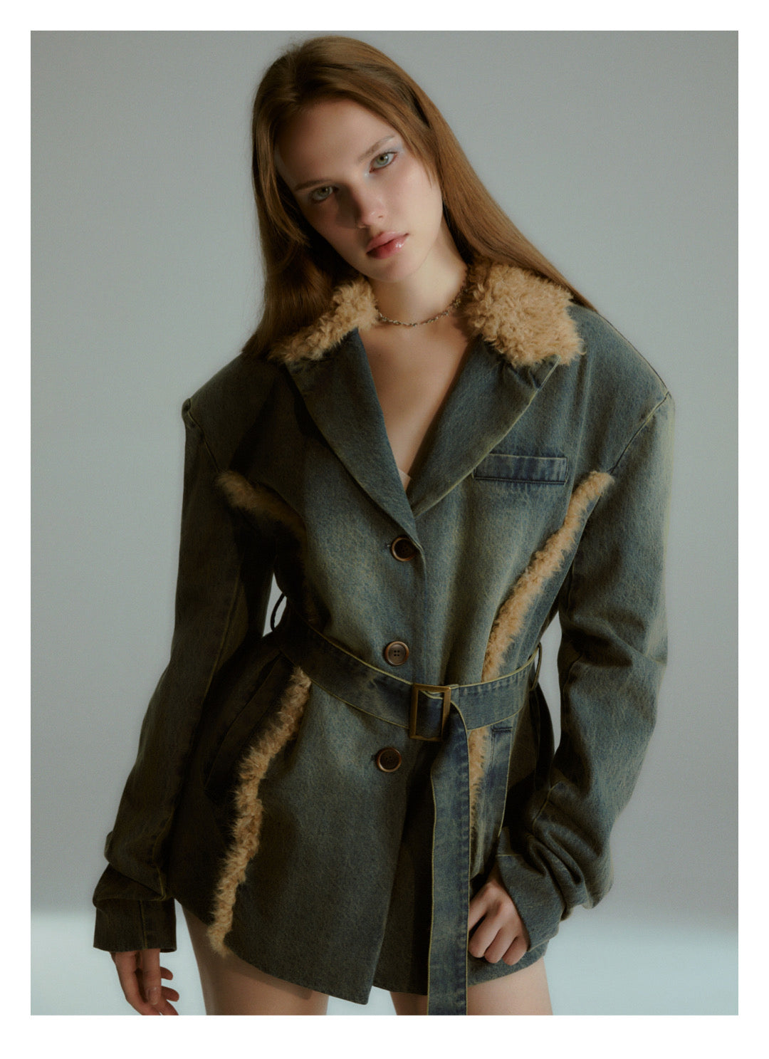 Sale[F0042]Denim fleece lace-up quilted jacket