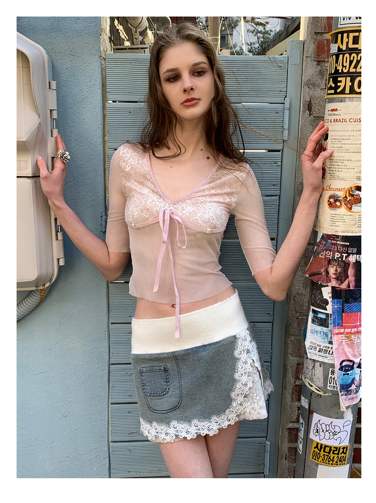 [F00103]Denim Lace Half Dress