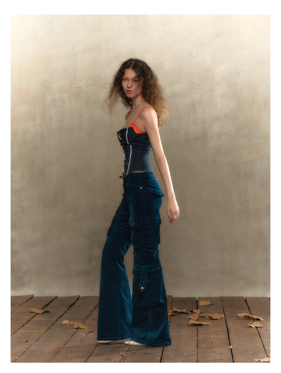 [S0056]Retro tipsy dark blue pocketed slim-fit flared pants