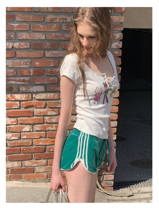 [F00107]Green Vintage Velvet Shorts