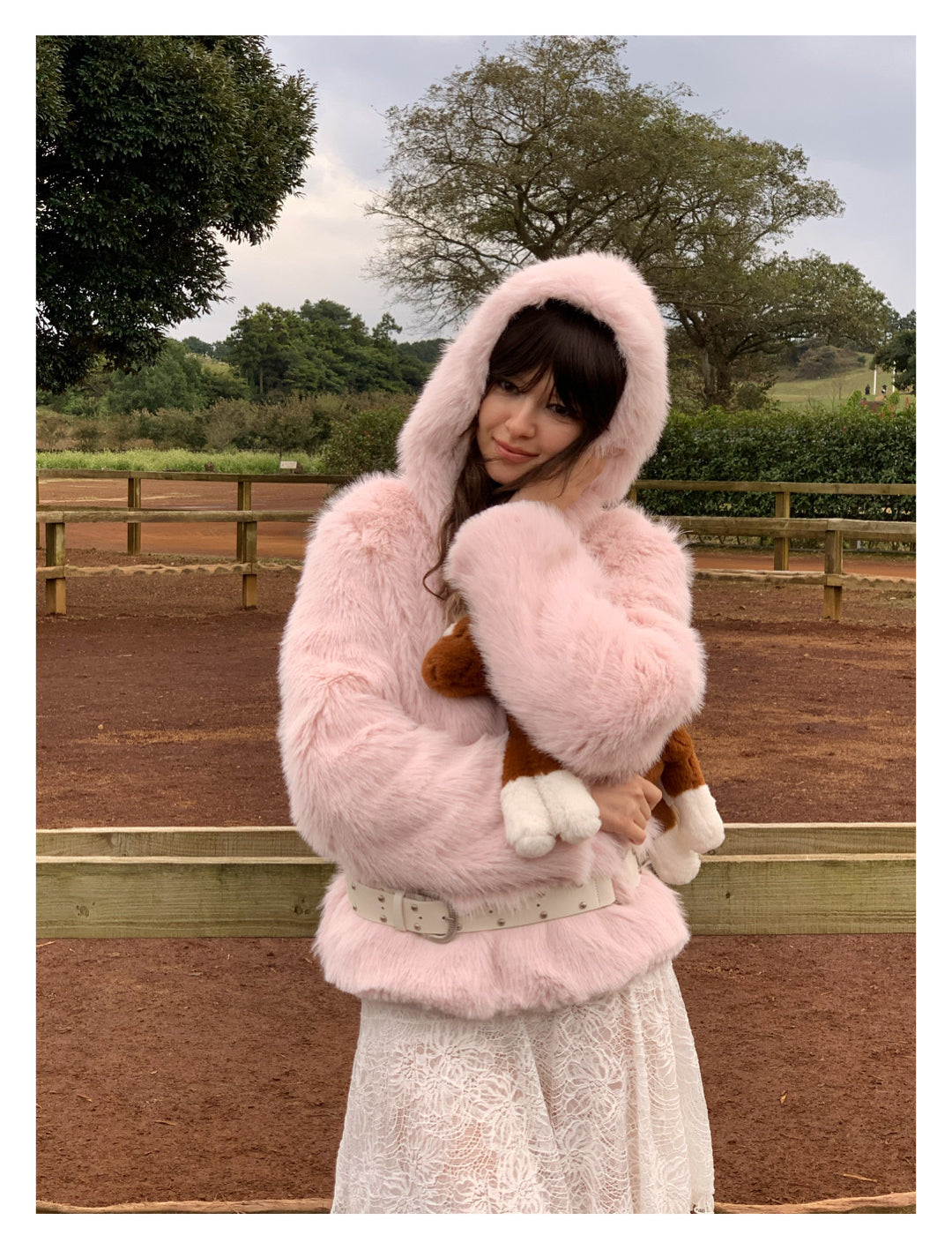 Sale[S0010]Winter Cherry Blossom, Pink Furry Hooded Coat