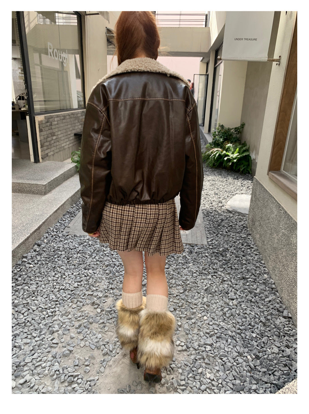 [F009]Vintage fur collar little leather jacket