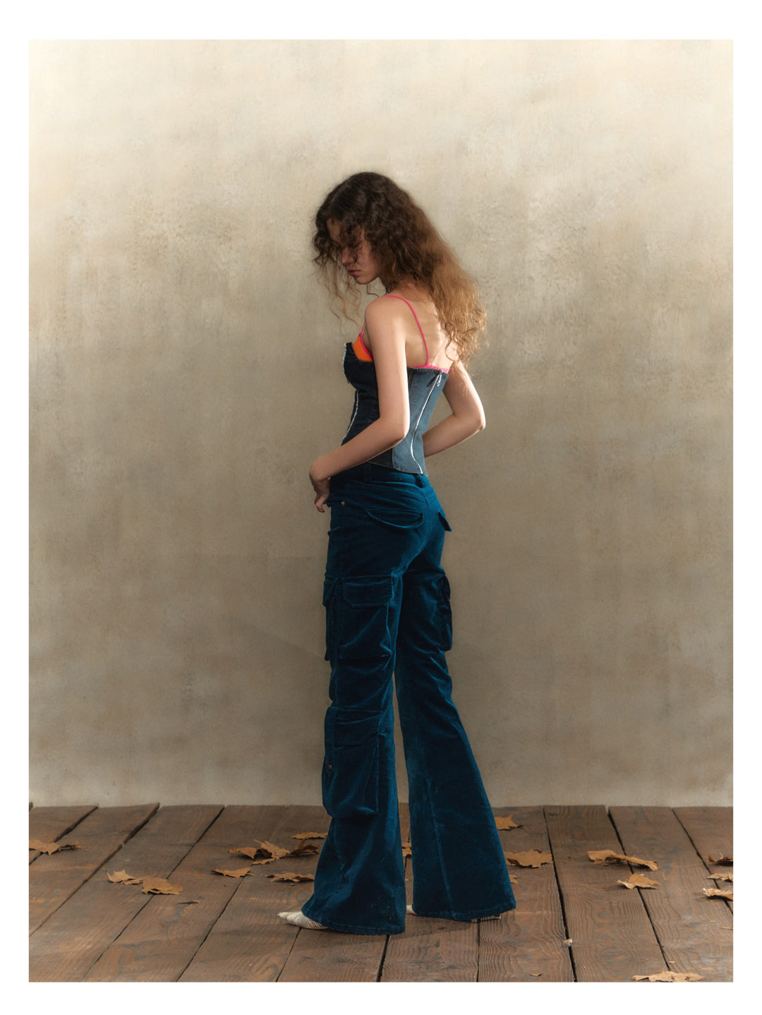 [S0056]Retro tipsy dark blue pocketed slim-fit flared pants