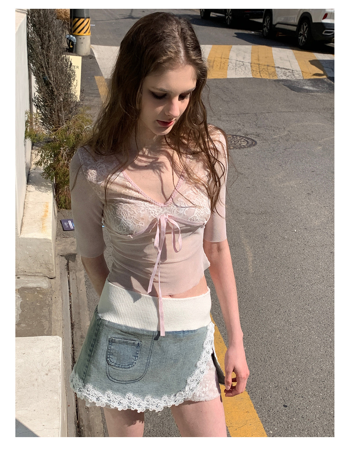 [F00103]Denim Lace Half Dress
